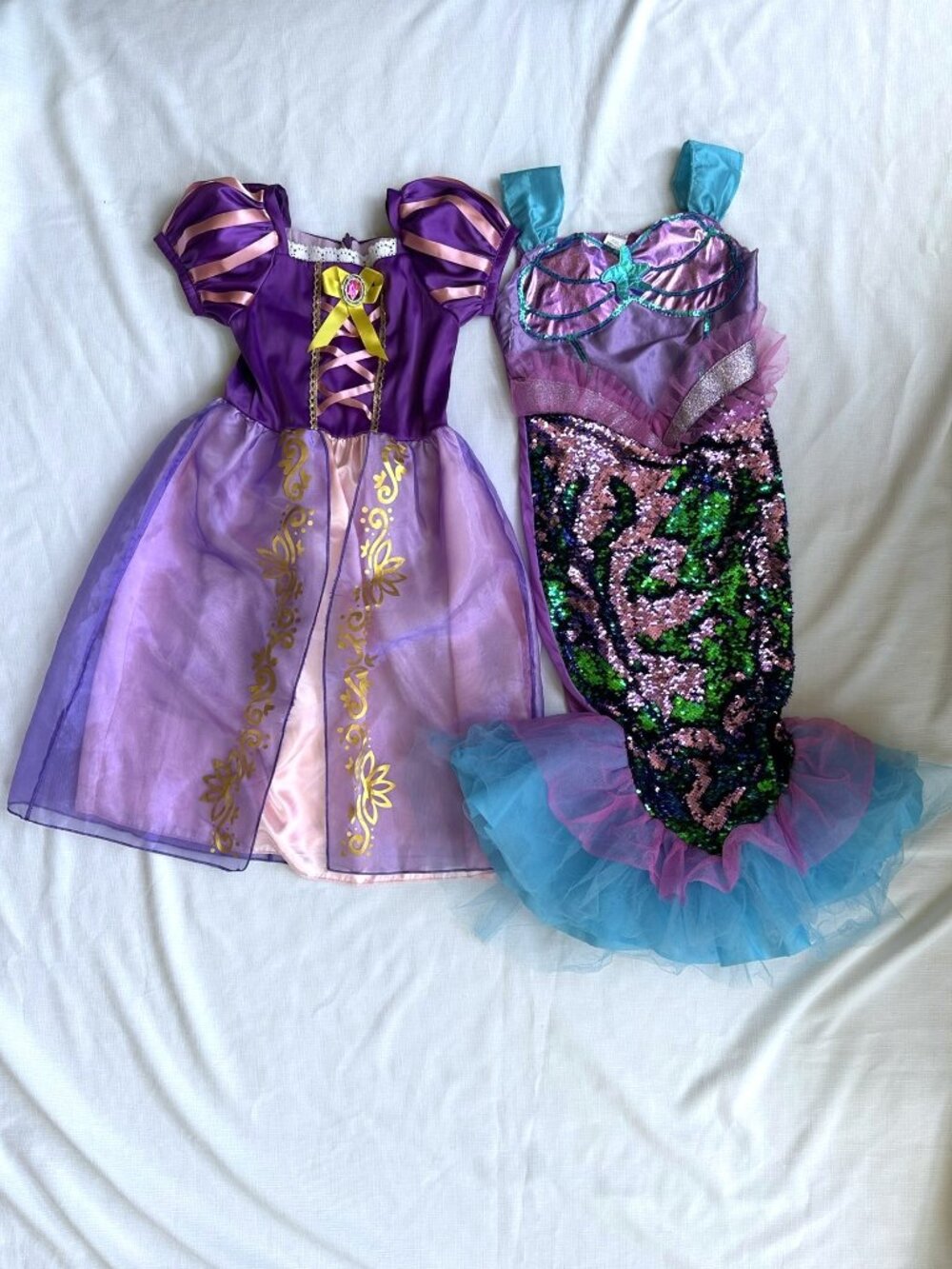 2 Girl Costumes Rapunzel Look Princess Dress and Mermaid Sz 7/8 = 130 Halloween